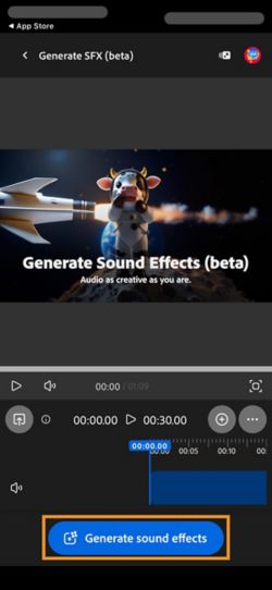 La page Générer des effets sonores (beta) est ouverte et un bouton Générer des effets sonores est mis en évidence.