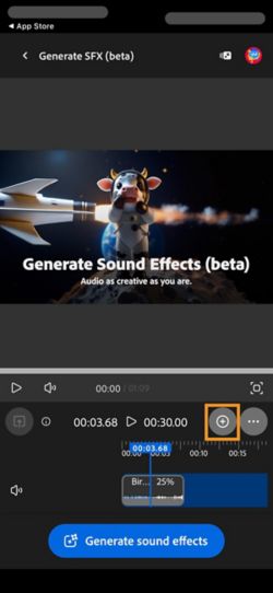 生成された音響効果がタイムラインに追加され、編集することができます。 新しい効果音を生成および追加することもできます。