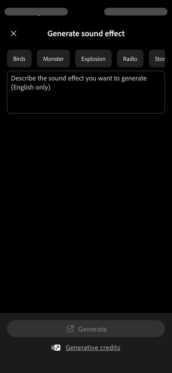 Firefly iOS 上的“生成音效”界面显示一个提示框、热门音频的预定义提示以及“生成”按钮。