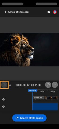 Un video è stato caricato e aggiunto alla timeline. È disponibile il pulsante Genera effetti sonori. L'opzione Upload è evidenziata.