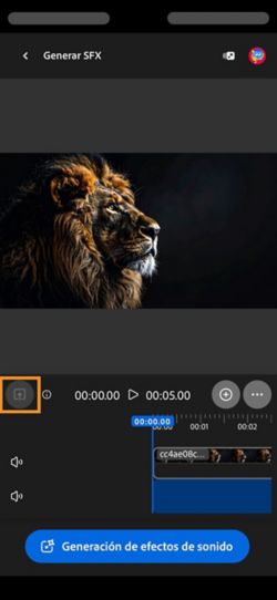 Se ha cargado un vídeo y se ha añadido a la cronología. Tiene disponible el botón Generar efectos de sonido. La opción Cargar está resaltada.