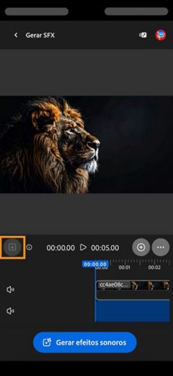 Um vídeo é carregado e adicionado à linha do tempo. Ele tem o botão Gerar efeitos sonoros disponível. A opção Fazer upload está destacada.