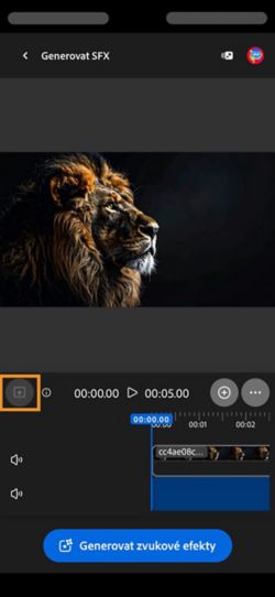 Video je nahráno a přidáno na časovou osu. Je k dispozici tlačítko Generovat zvukové efekty. Možnost Nahrát je zvýrazněna.
