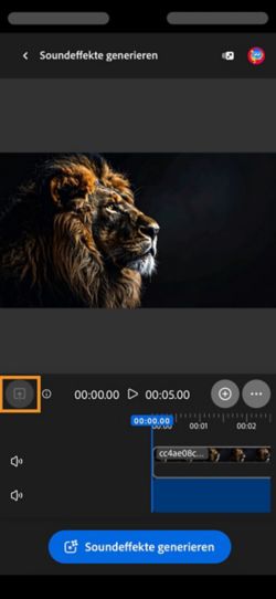Ein Video wurde hochgeladen und zur Timeline hinzugefügt. Die Menütaste „Soundeffekte generieren“ ist verfügbar. Die Option „Upload“ ist hervorgehoben.