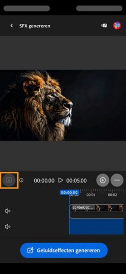 Er is een video geüpload en toegevoegd aan de tijdlijn. De knop Geluidseffecten genereren is beschikbaar. De optie Upload is gemarkeerd.