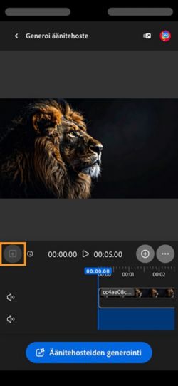 Video on ladattu ja lisätty aikajanalle. Siinä on käytettävissä Generoi äänitehosteita -painike. Lataa-vaihtoehto on korostettu.