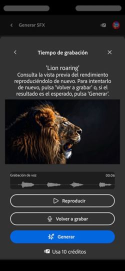 La pantalla Grabar tiempo muestra el vídeo cargado, una indicación de texto y opciones para revisar, grabar o generar efectos de sonido.