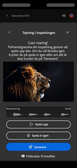 Skärmen Tajming i inspelningen visar den överförda videon, en textprompt och alternativ för att granska, spela in eller generera ljudeffekter.