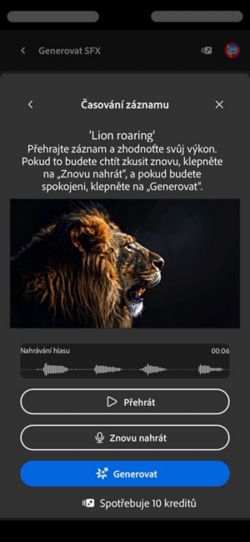 Obrazovka Časování záznamu zobrazuje nahrané video, textové zadání a možnosti kontroly, záznamu nebo generování zvukových efektů.