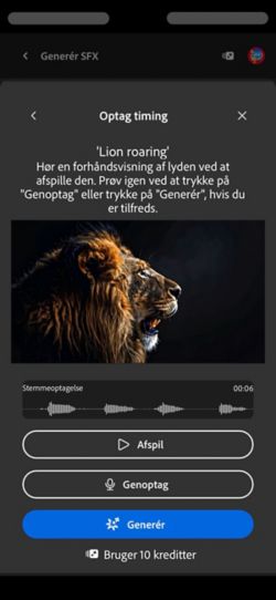 Skærmen Optagelsestiming viser den uploadede video, en tekstprompt og muligheder for at gennemgå, optage eller generere lydeffekter.