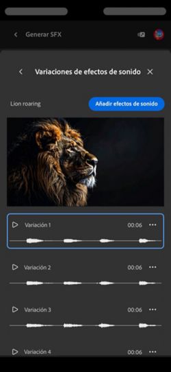 La opción Variaciones de sonidos cortos está abierta y hay cuatro variaciones generadas diferentes disponibles entre las que puede elegir. También hay una opción para añadir los efectos de sonido a la cronología.