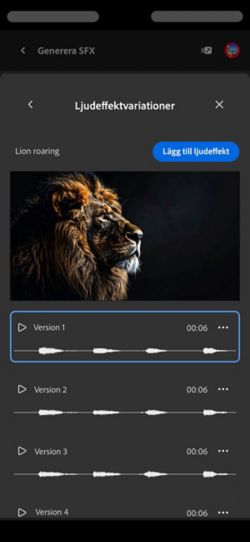 Alternativet Variationer av kort ljud är öppet, och fyra olika genererade variationer finns tillgängliga att välja mellan. Det finns också ett alternativ för att lägga till ljudeffekterna i tidslinjen.