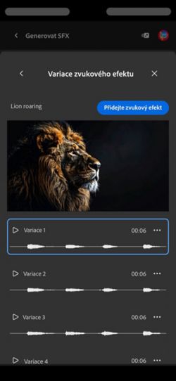 Je otevřena možnost Varianty krátkého zvuku a jsou k dispozici čtyři různé vygenerované varianty, ze kterých si můžete vybrat. K dispozici je také možnost přidat zvukové efekty na časovou osu.