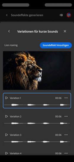 Die Option „Kurze Tonvarianten“ ist geöffnet, und vier verschiedene generierte Variationen stehen zur Auswahl. Es gibt auch eine Option, um die Soundeffekte zur Timeline hinzuzufügen.