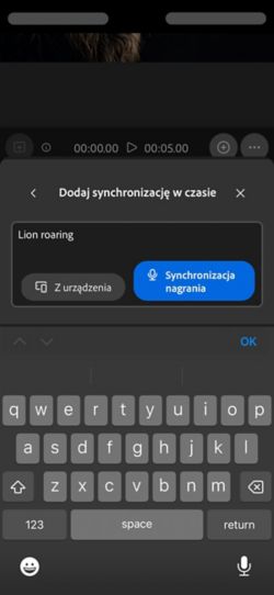 Dźwięk zsynchronizowany z wideo ma polecenie tekstowe z opcjami przesłania pliku audio z urządzenia lub nagrania go bezpośrednio w aplikacji internetowej.