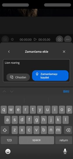 Videonuzla zamanlanmış ses seçeneğinde, cihazdan ses dosyası yükleme veya doğrudan web uygulamasında kaydetme seçenekleriyle bir metin istemi bulunur.