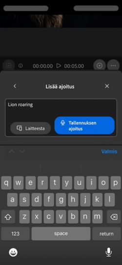 Ajoitettu ääni videossa -vaihtoehdossa on tekstikehote ja vaihtoehdot ladata äänitiedosto laitteelta tai äänittää se suoraan verkkosovelluksessa.