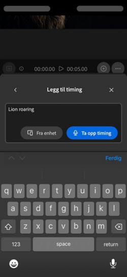 Timet lyd med videoen din har en hjelpetekst med alternativer for å laste opp en lydfil fra enheten eller spille den inn direkte i nettappen.