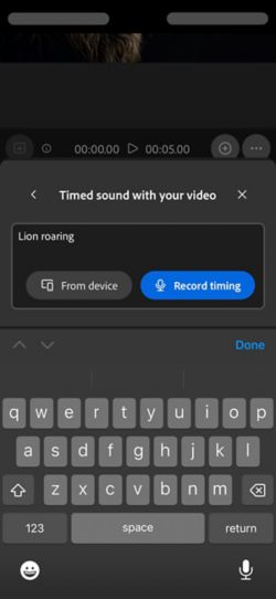 Alternativet Ljud tajmat med din video har en textprompt med alternativ för att överföra en ljudfil från enheten eller spela in den direkt i webbappen.