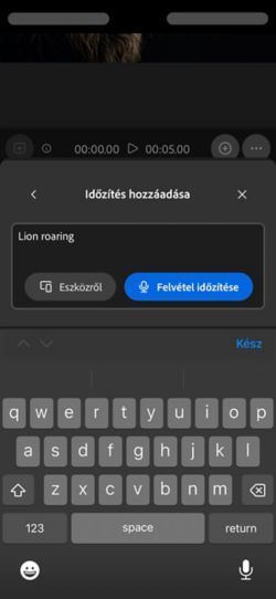 Az Időzített hang a videójához opciónak van egy szöveges utasítása az eszközről történő hangfájl feltöltésére vagy közvetlen rögzítésére a webes alkalmazásban.