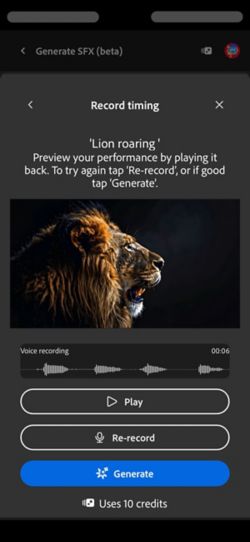 La schermata Tempistica registrazione mostra il video caricato, un prompt di testo e le opzioni per rivedere, registrare o generare effetti sonori.