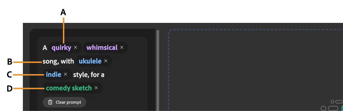 The sample prompt displays different labels in various colors indicating the vibe, style, and purpose.