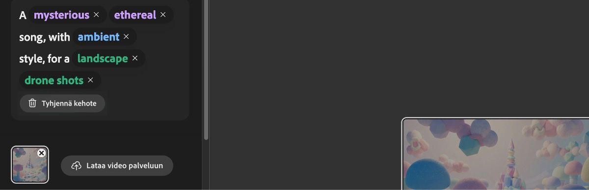 Kehote-ehdotus-osiossa näkyvät tunnelmaa, tyyliä ja käyttötarkoitusta kuvaavat asetukset, esimerkiksi energinen, unenomainen tai elektroninen.