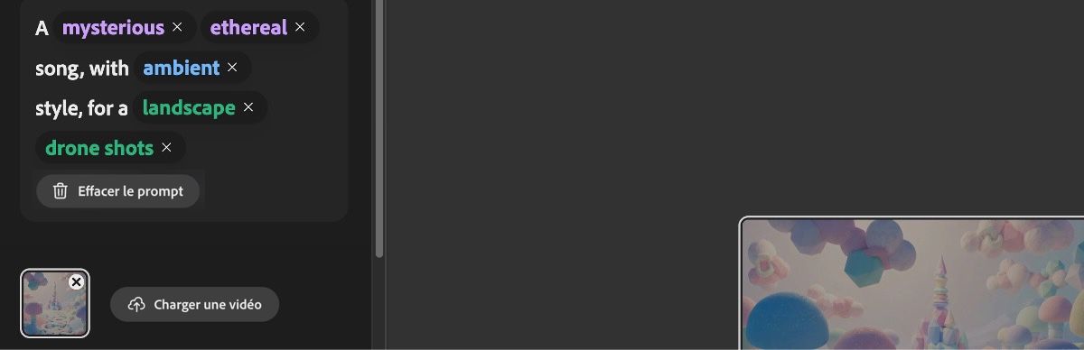 La section de suggestion de prompt répertorie des options d’ambiance, de style et d’objectif telles que énergique, onirique, électronique et autres.