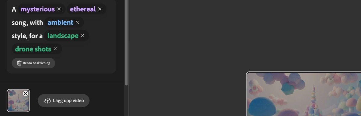 Avsnittet Föreslå beskrivning listar alternativ för känsla, stil och syfte som energisk, drömsk, elektronisk och andra.