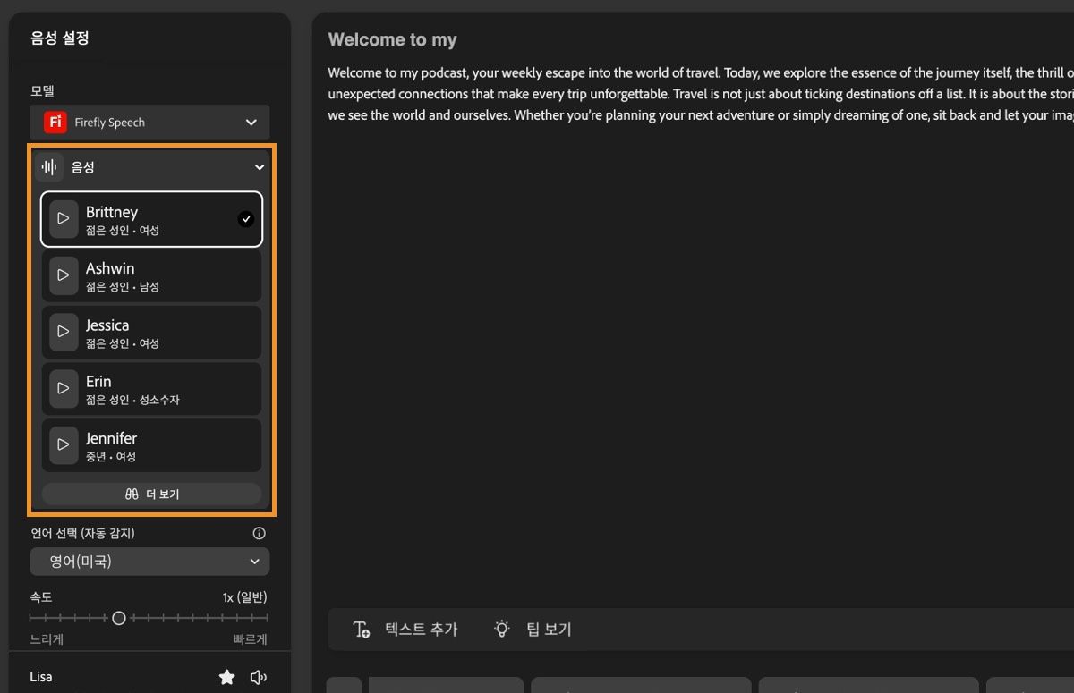 왼쪽 패널의 음성 설정 섹션에는 Firefly Speech 모델과 사용 가능한 모든 음성이 나열된 확장된 음성 드롭다운 메뉴가 표시됩니다.