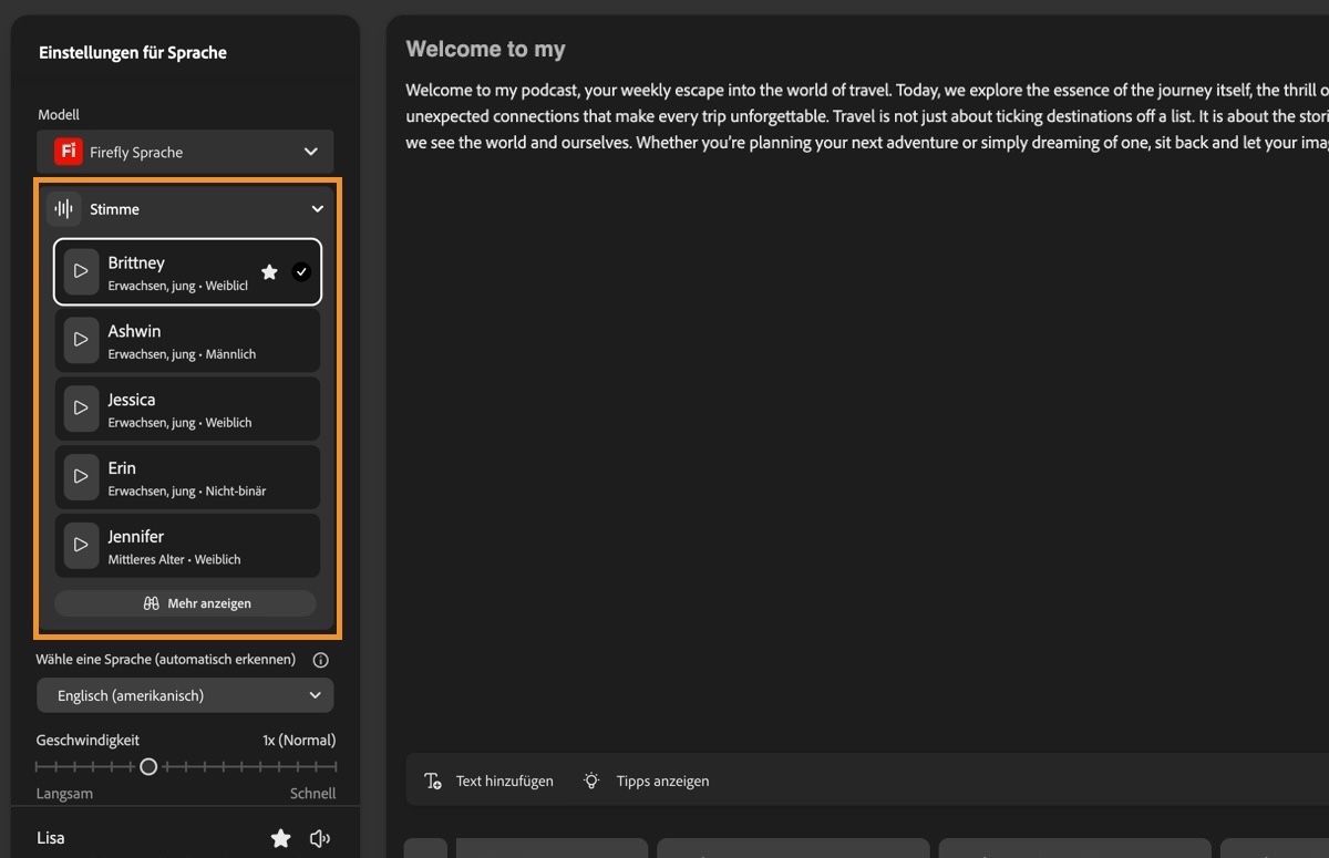 Im linken Bedienfeld wird im Abschnitt „Spracheinstellungen“ das Firefly Speech-Modell und ein erweitertes Dropdown-Menü „Stimme“ mit allen verfügbaren Stimmen angezeigt.