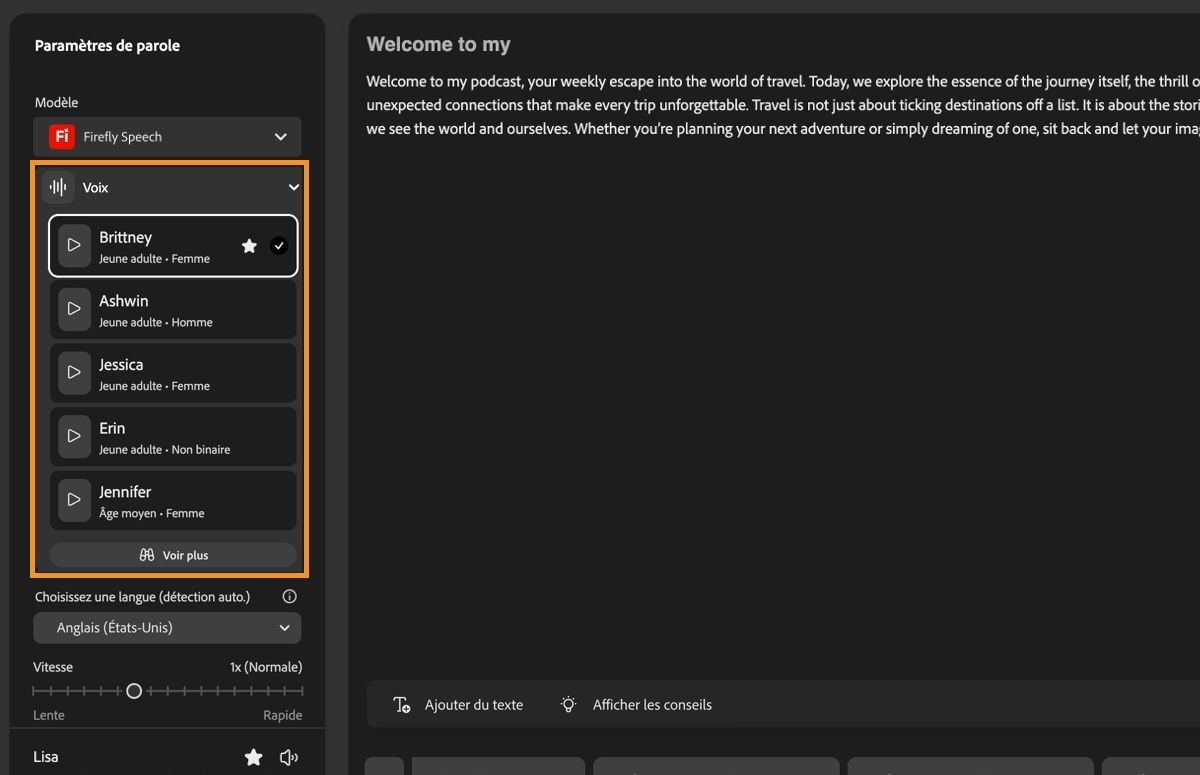 La section Paramètres de parole dans le panneau de gauche affiche le modèle Firefly Speech et un menu déroulant Voix développé répertoriant toutes les voix disponibles.