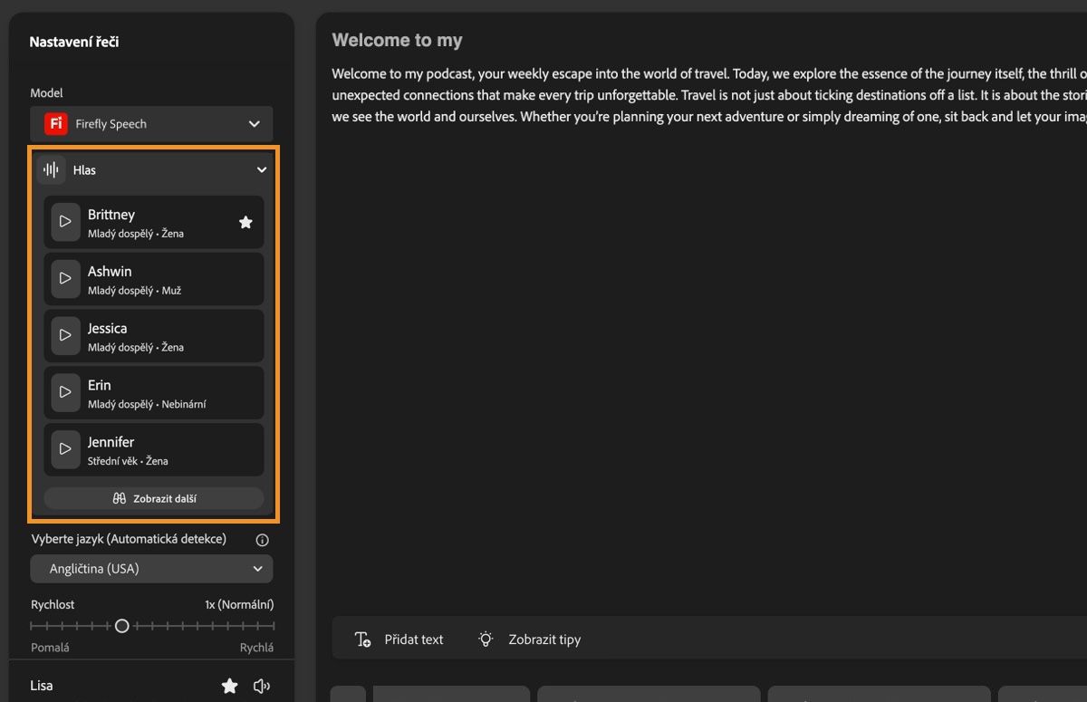 Část Nastavení řeči v levém panelu zobrazuje model Firefly Speech a rozšířenou rozbalovací nabídku Hlas se seznamem všech dostupných hlasů.
