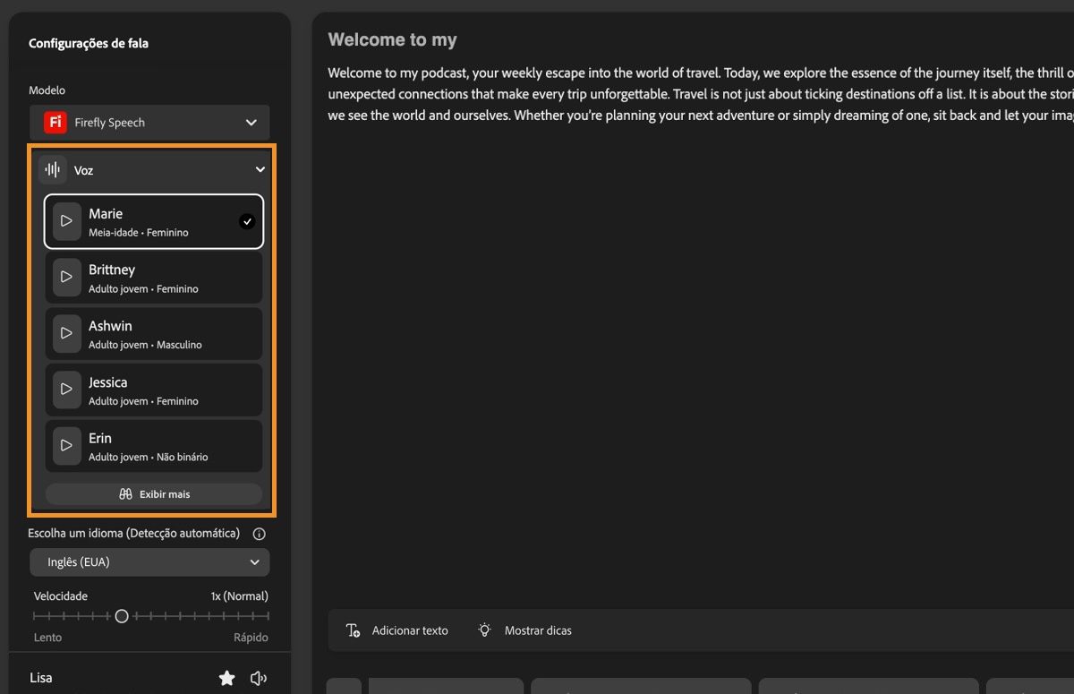 A seção Configurações de fala no painel esquerdo exibe o modelo Firefly Speech e um menu suspenso expandido de Voz listando todas as vozes disponíveis.