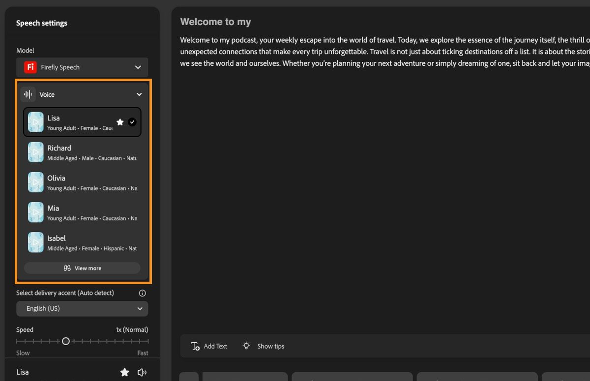 La sezione Impostazioni parlato nel pannello sinistro mostra il modello Firefly Speech e un menu a discesa Voce espanso che elenca tutte le voci disponibili.