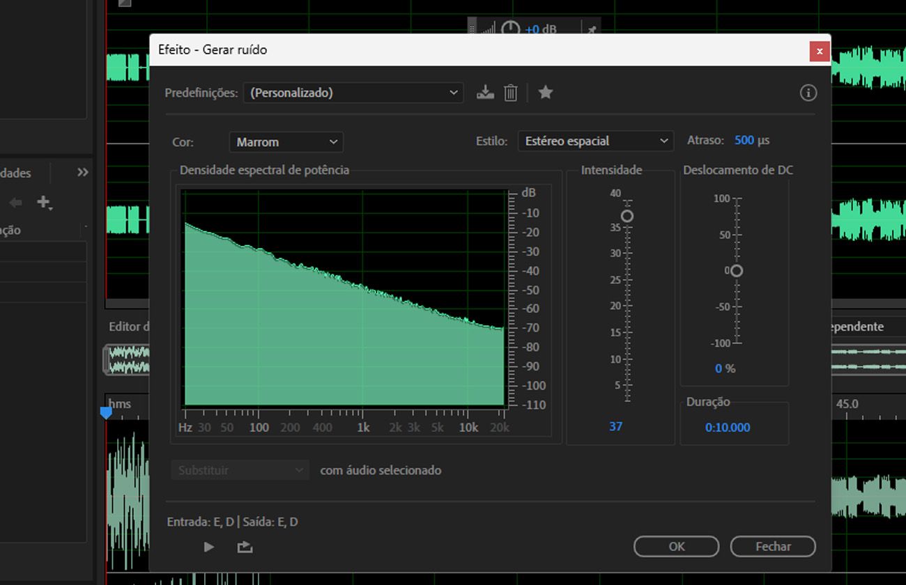 A caixa de diálogo dos efeitos Gerar ruído está aberta, permitindo especificar uma cor e estilo para o ruído.