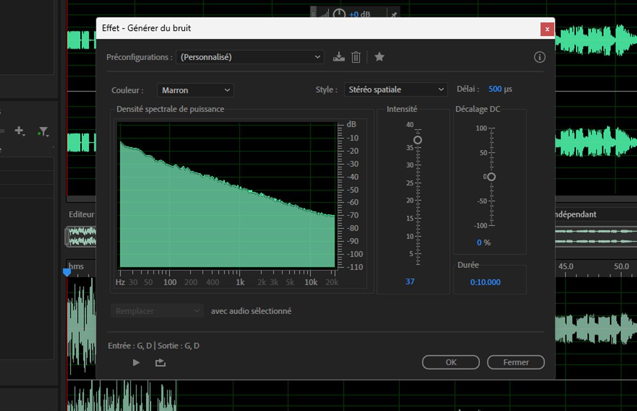 La boîte de dialogue des effets Générer du bruit est ouverte, vous permettant de spécifier une couleur et un style pour le bruit. 