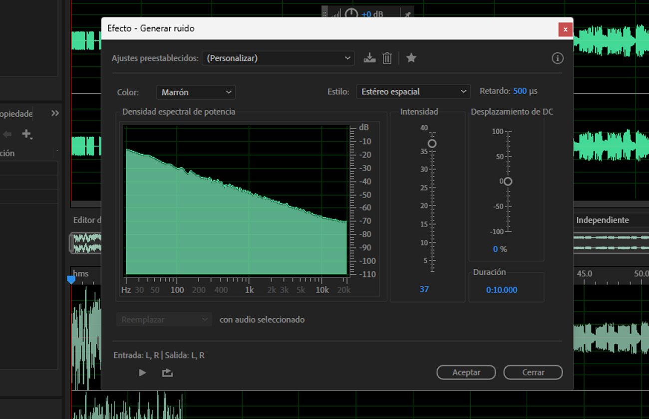 El cuadro de diálogo de efectos Generar ruido está abierto, lo que permite especificar un color y estilo para el ruido.
