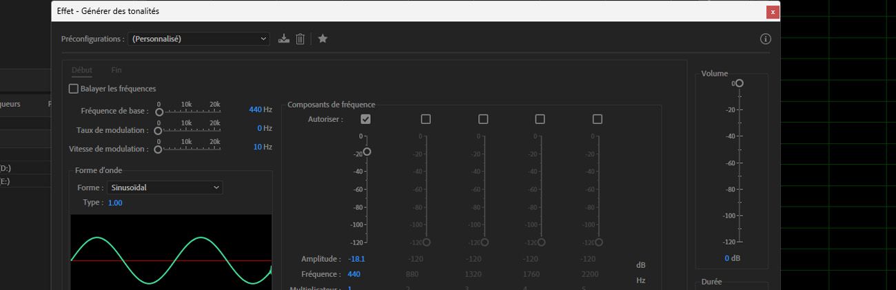 La boîte de dialogue Générer des tonalités est ouverte, avec des options sous Forme d’onde et Composants de fréquence à ajuster.