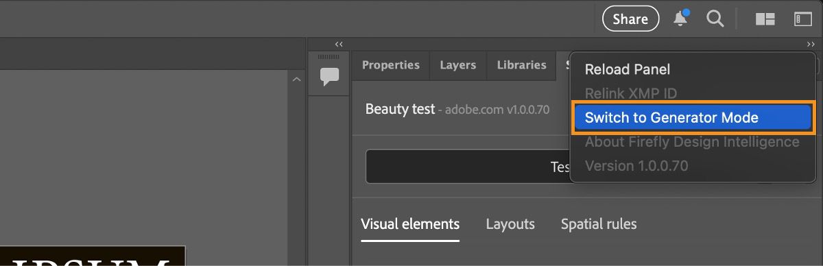 ハンバーガーメニューには、パネルを再読み込み、ジェネレーターモードに切り替え、Firefly Design Intelligence についてなどのオプションが表示されます。