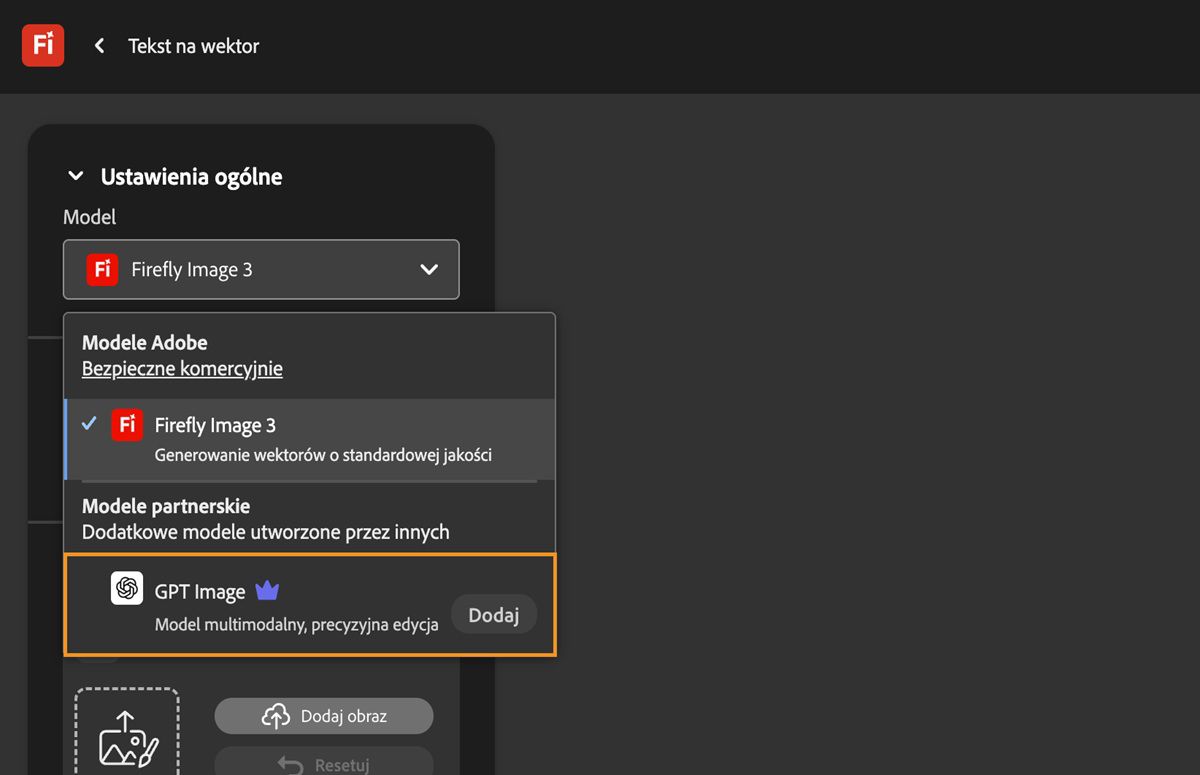 Na stronie Tekst na wektor, w sekcji Ustawienia ogólne, menu rozwijane Model jest otwarte i zawiera modele Adobe oraz modele inne niż Adobe do wyboru. Wybrano obecnie obraz GPT.