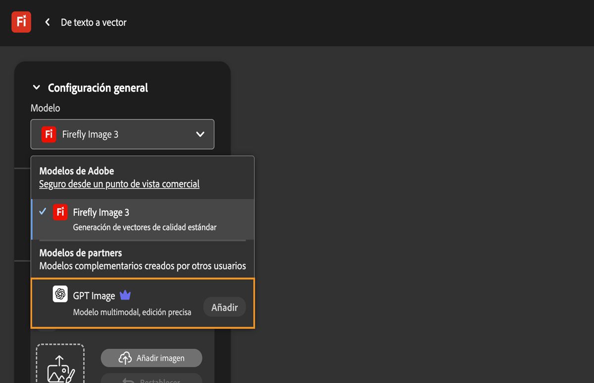 En la página De texto a vector, en Configuración general, el menú desplegable Modelo se abre y se muestran modelos de Adobe y modelos que no son de Adobe entre los que puede elegir. El modelo GPT Image está seleccionado actualmente.