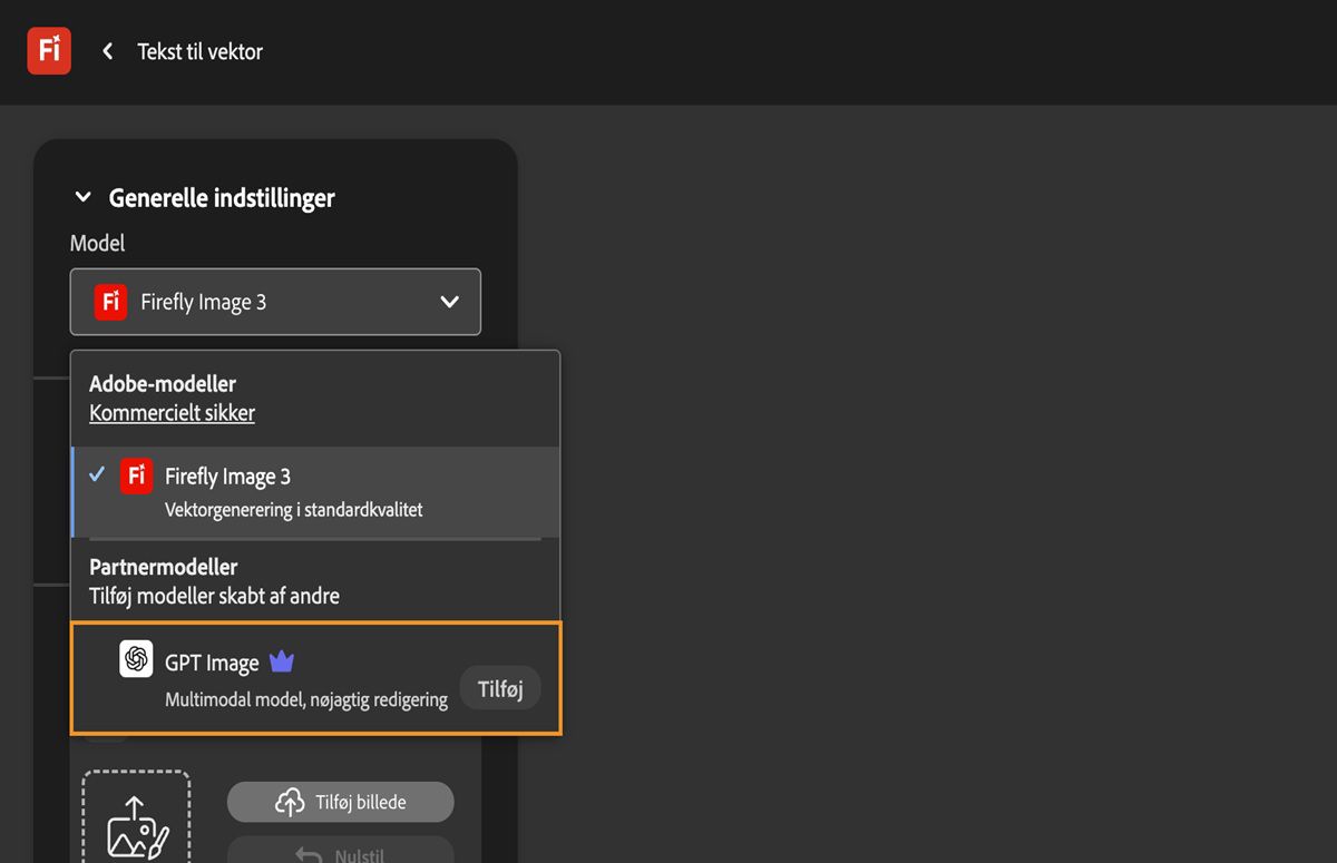 På siden Tekst til vektor under Generelle indstillinger er rullemenuen Model åben, og der er vist en Adobe-model og en ikke-Adobe-model at vælge imellem. GPT Image er valgt.