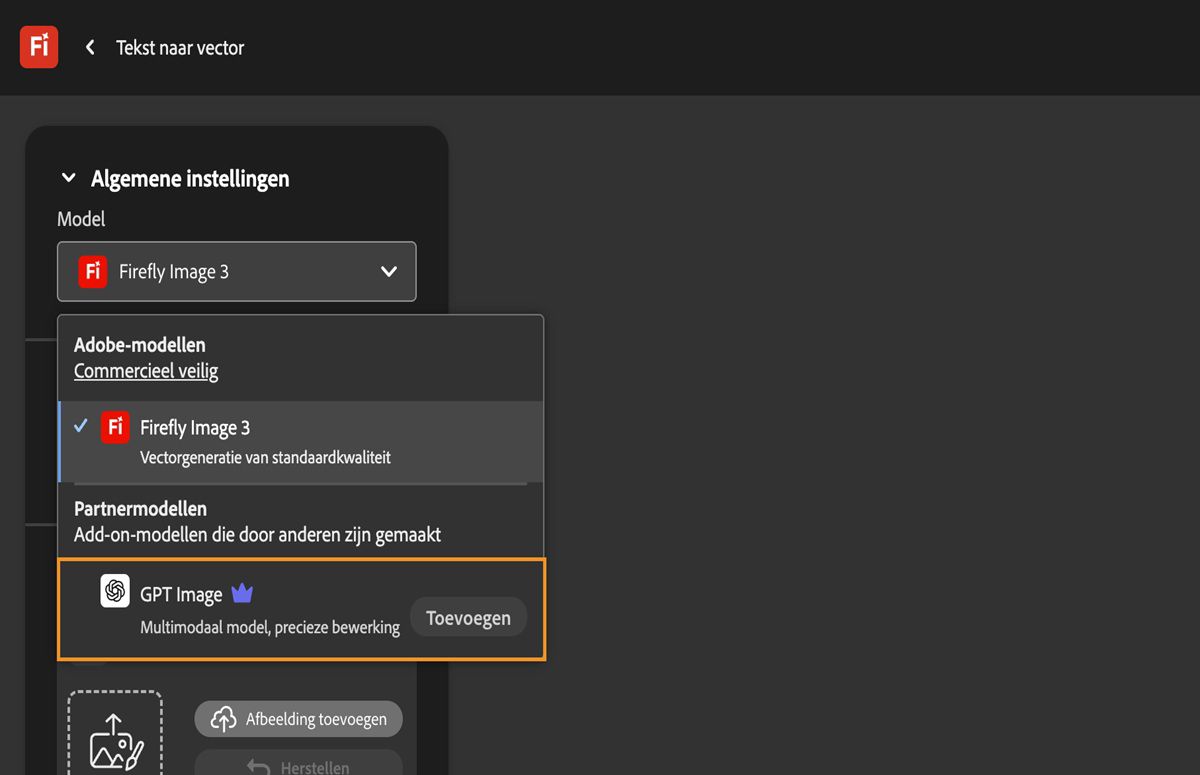 Op de pagina Tekst naar vector, onder Algemene instellingen, is het vervolgkeuzemenu Model geopend en kun je kiezen uit Adobe- en niet-Adobe-modellen. GPT Image is momenteel geselecteerd.