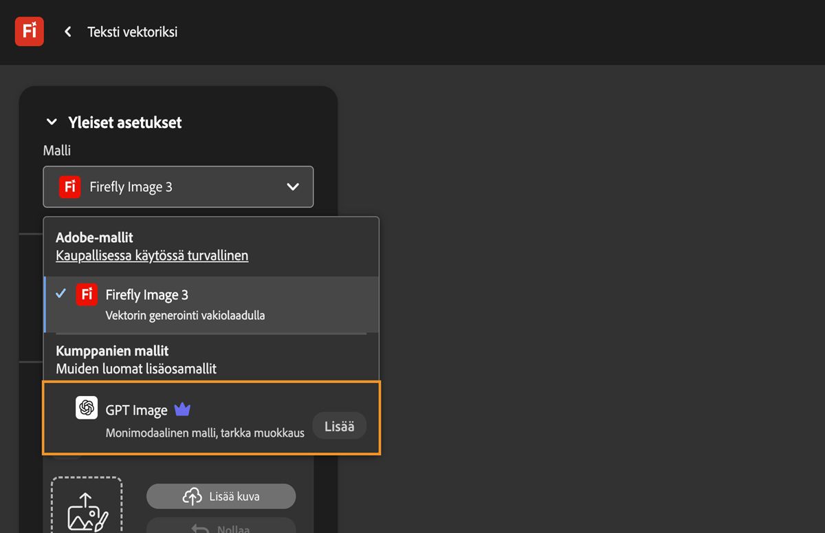 Tekstistä vektoriin -sivun Yleiset asetukset -kohdassa avattava Mallit -valikko on auki, ja valittavissa on sekä Adobe että muu kuin Adobe-malli. GPT Image on parhaillaan valittuna.