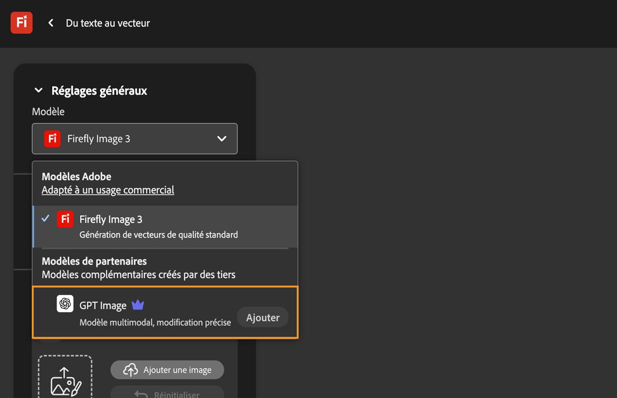 Sur la page Du texte au vecteur, sous Réglages généraux, le menu déroulant Modèle est ouvert, et une liste de modèles Adobe et non Adobe est disponible. Le modèle GPT Image est actuellement sélectionné.