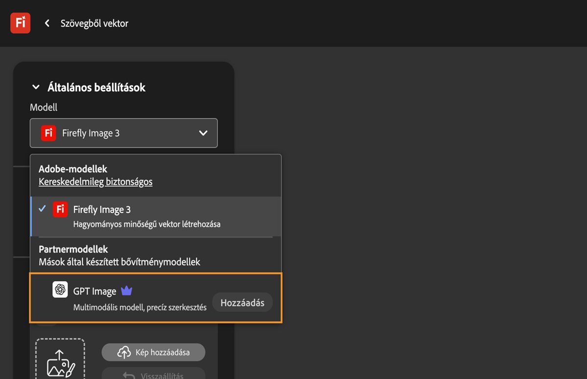 A Szövegből vektor oldalon, az Általános beállítások alatt, a Modell legördülő menü meg van nyitva, és a listában Adobe és nem Adobe modellek közül lehet választani. Jelenleg a GPT Image van kiválasztva.