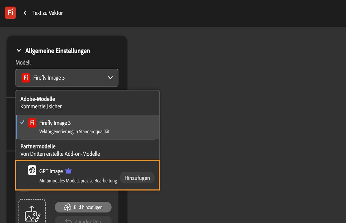 Auf der Seite „Text zu Vektorgrafik“ ist unter „Allgemeine Einstellungen“ das Dropdown-Menü „Modell“ geöffnet. Hier sind die verfügbaren Adobe- und Drittanbieter-Modelle aufgeführt. Derzeit ist GPT Image ausgewählt.