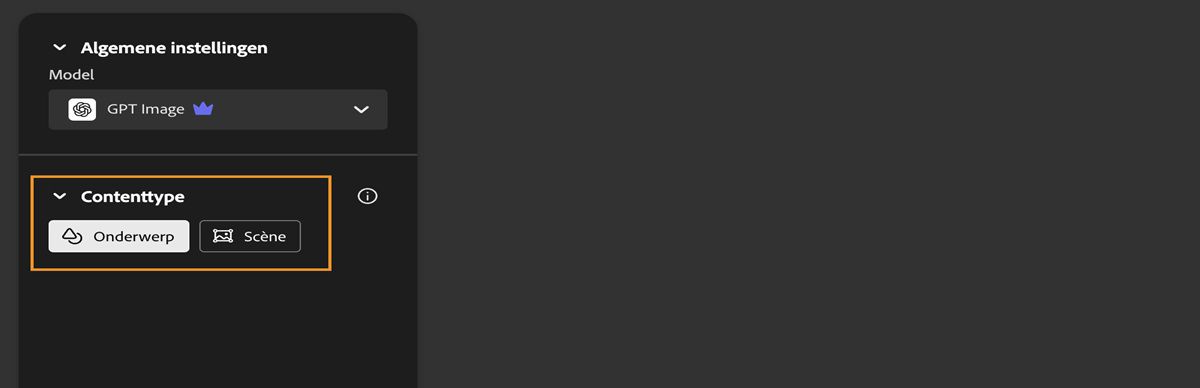 Onder de sectie Contenttype kun je kiezen uit twee opties: Onderwerp en Scène. Momenteel is de optie Onderwerp geselecteerd.