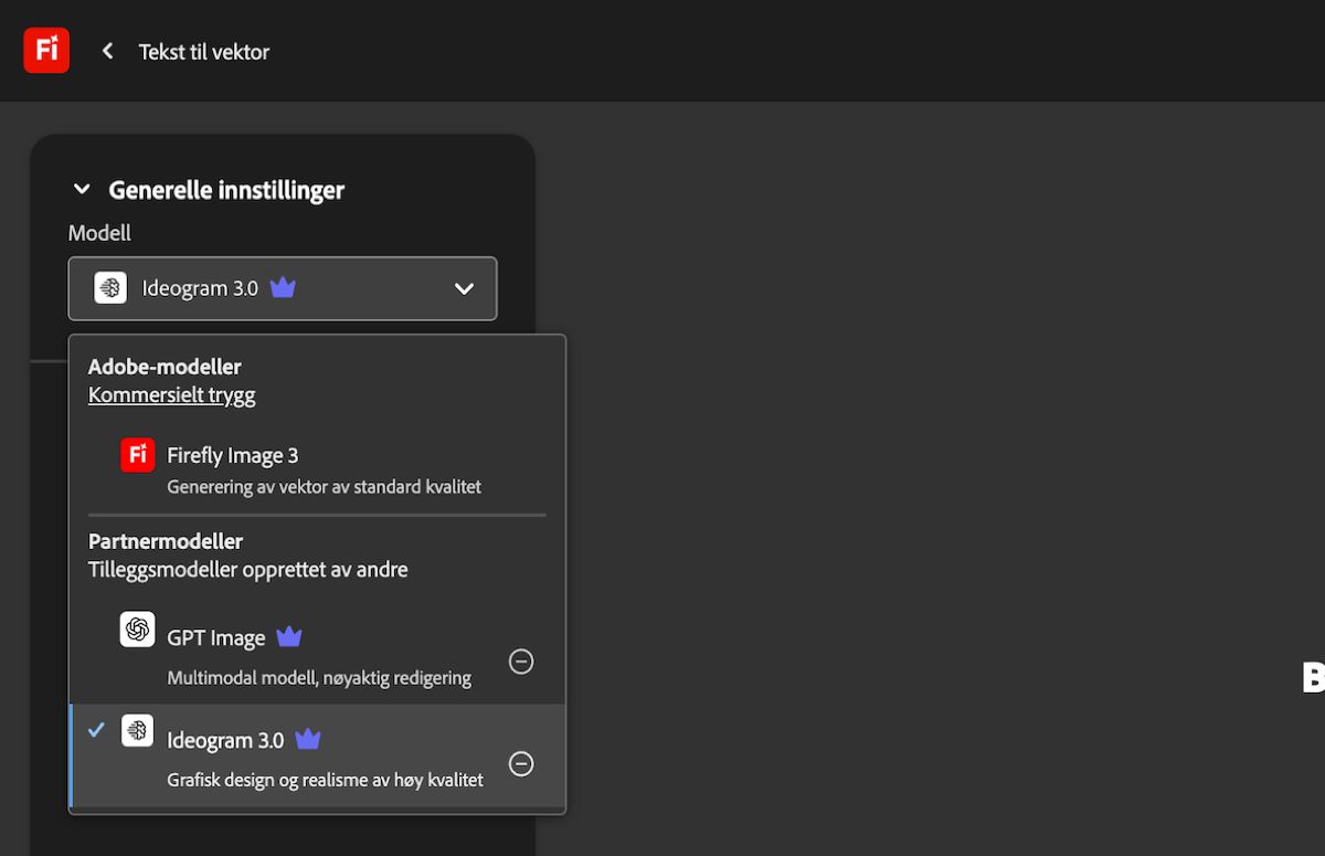 Under Generelle innstillinger på Tekst til vektor-siden er Modell-rullegardinmenyen åpen, og det er oppført Adobe- og ikke-Adobe-modeller å velge mellom. GPT Image er valgt for øyeblikket.